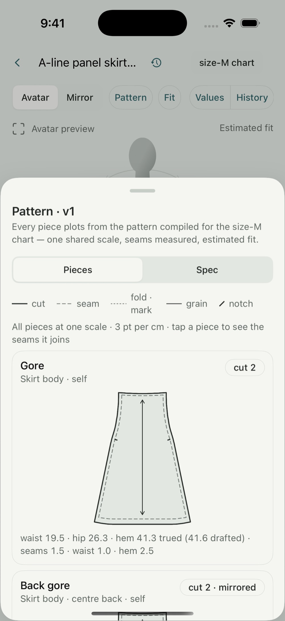 Modeliste pattern view: flat pattern pieces plotted to one scale with cut lines, seam allowances, fold marks, grain lines and notches, with measured widths for waist, hip and hem.