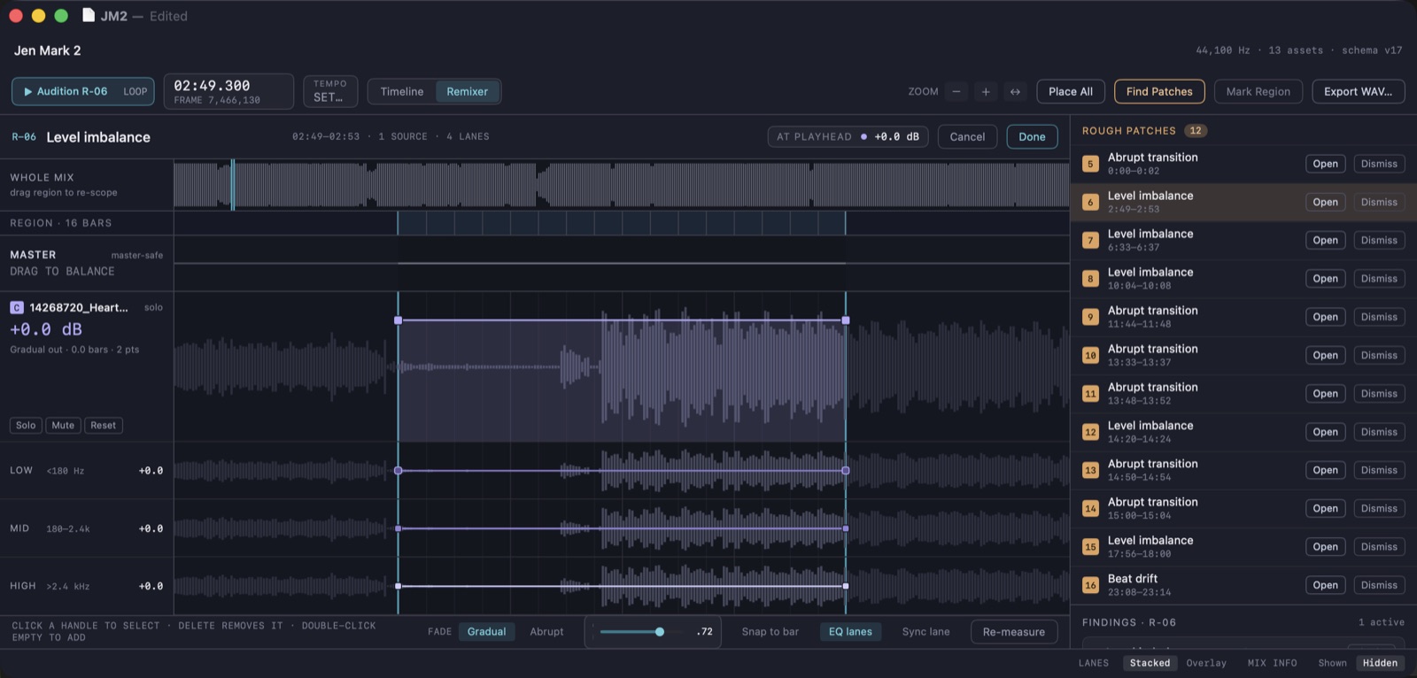 Regroove Remixer: a single 16-bar region opened for repair, showing a master-safe lane and one source with an editable gain envelope plus separate low, mid and high band envelopes, each with draggable breakpoints.