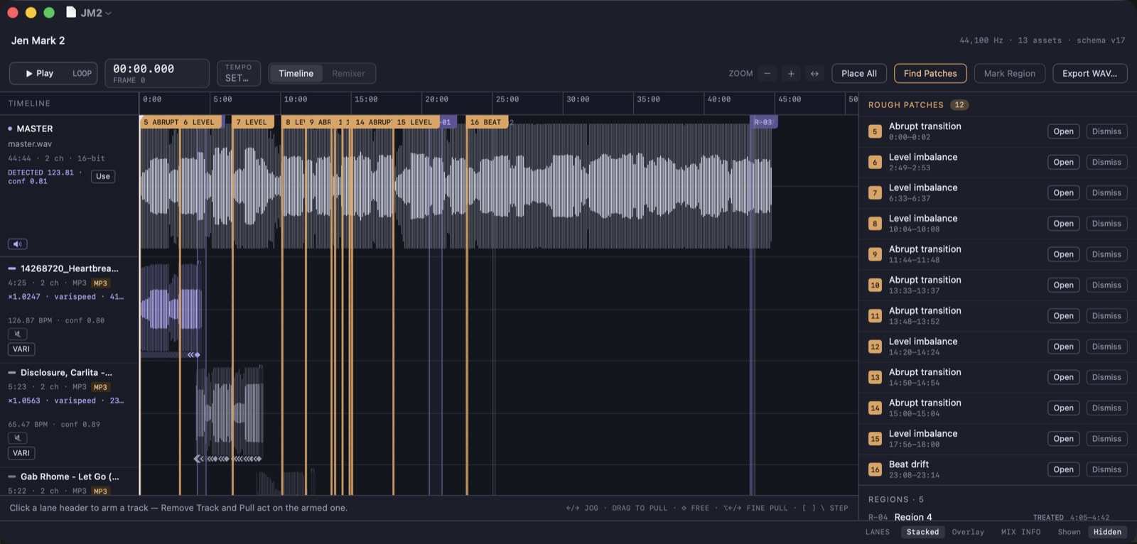 Regroove timeline: a 44-minute recorded DJ set shown as a master waveform across the top, with individual source tracks placed beneath it on a shared timeline, and orange markers along the master where rough patches were found.
